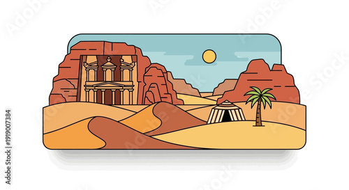 Ancient desert landscape with majestic temple and palm tree
