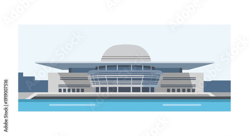 Modern futuristic building with sleek architecture and waterfront location