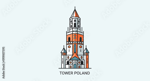 Modern illustration of a vibrant orange and white tower in Poland