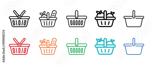 Colorful set of diverse shopping basket icons on a white background
