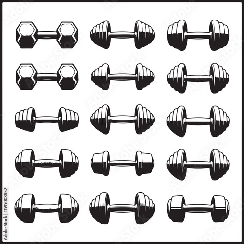 Collection of various dumbbells for weight training and exercise