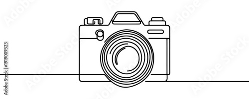 Photo camera in one line art style. Minimalist illustration of a camera for photography and creativity, drawn with one continuous black line. Vector illustration.