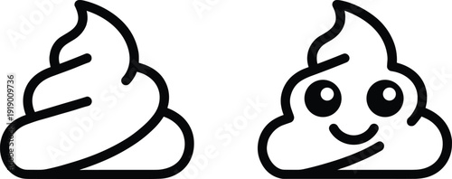 Cartoon poop emoji illustration, simple swirl design, expressive eyes, smiling face, humorous icon, quirky character, playful vector art symbol