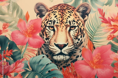 Vintage drawing of leopard animal print pattern wildlife mammal flower.