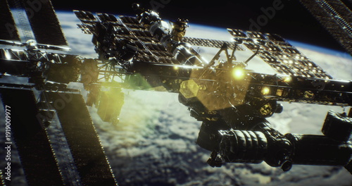 Φωτογραφία industrial space complex assembling orbital components, heavy truss structures w