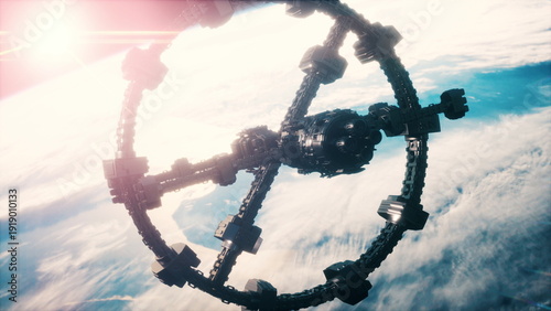 Принти на полотні Rotating orbital habitat ring above clouds