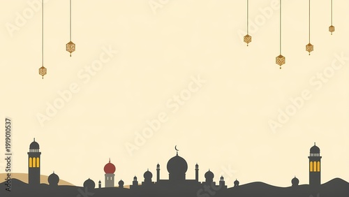 Islamic Celebration Background with Mosque Silhouette and Lanterns