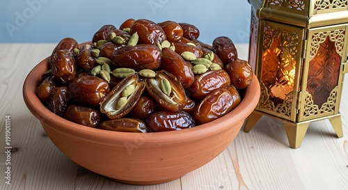Dates in a clay bowl with a lantern kurma