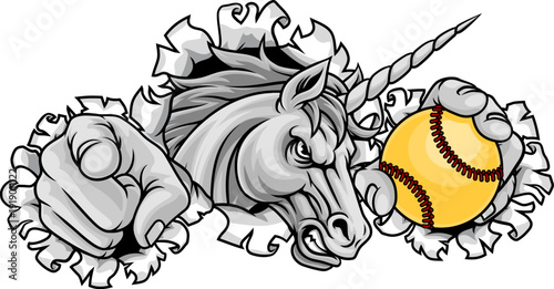 Unicorn horse mustang bronco stallion baseball softball angry sports team mascot holding a ball.