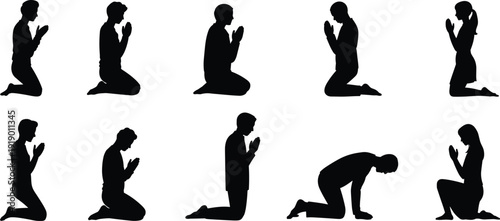 Black Silhouette Vector Set of Men and Women Kneeling and Praying in Religious Devotion and Spiritual Meditation Isolated on a White Background