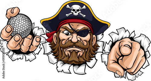 A Pirate man holding Golf ball and pointing sports team cartoon charcater mascot illustration.