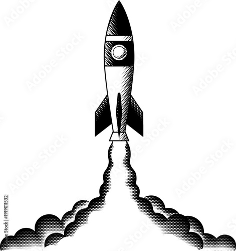 Retro vintage halftone dots illustration rocket ship launching vertically into space with smoke and flames. Space exploration, innovation, startup growth, technology, science, ambition concept