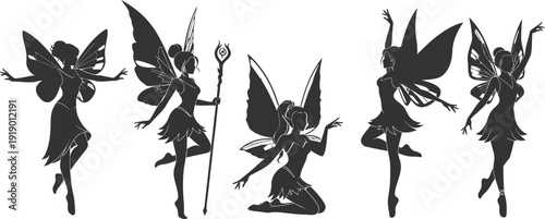 A group of six black silhouettes depicting magical fairies with wings in various poses against a white background