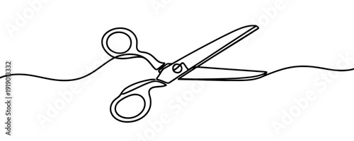 Scissors in line art style. Minimalist drawing of sharp scissors made in a single continuous line. Vector illustration for craft, sewing, design, or barber themes.