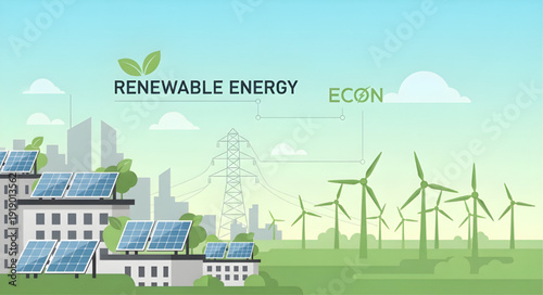 Renewable Energy Concept with Solar Panels and Wind Turbines in Sustainable Smart City Illustration