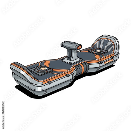 Futuristic hoverboard with sleek design and vibrant orange accents