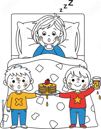 Mothers Day Breakfast in Bed Messy Kids Surprise Mom with Pancakes