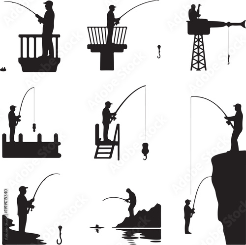 set of black silhouettes of people fishing in various positions on land and from structures