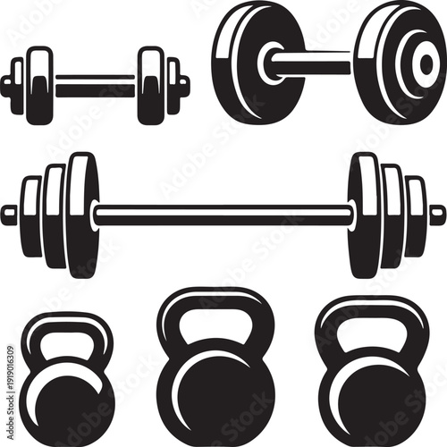 set of dumbbells and kettlebells for workout and fitness