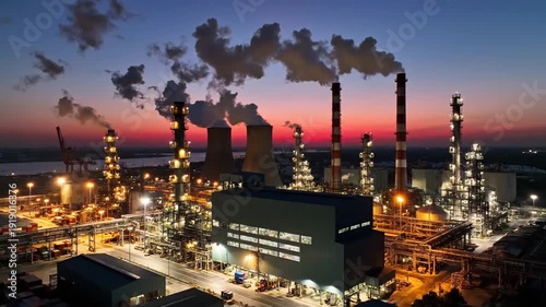 Industrial Oil Refinery at Sunset with Pollution.