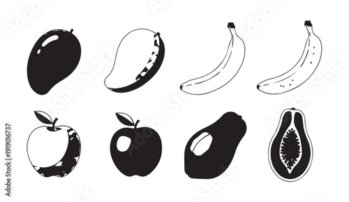 Collection of Assorted Fruit Icons: Mango Banana Papaya Vector Graphics