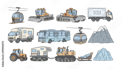 Transportation Vehicles Collection: A diverse compilation of illustrated vehicles, meticulously designed to cater to various transportation needs and terrains.