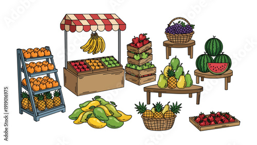Fresh Market Bounty: A vibrant illustration showcasing an array of fresh, ripe fruits, artistically displayed at a bustling market stall. Each fruit beckons.