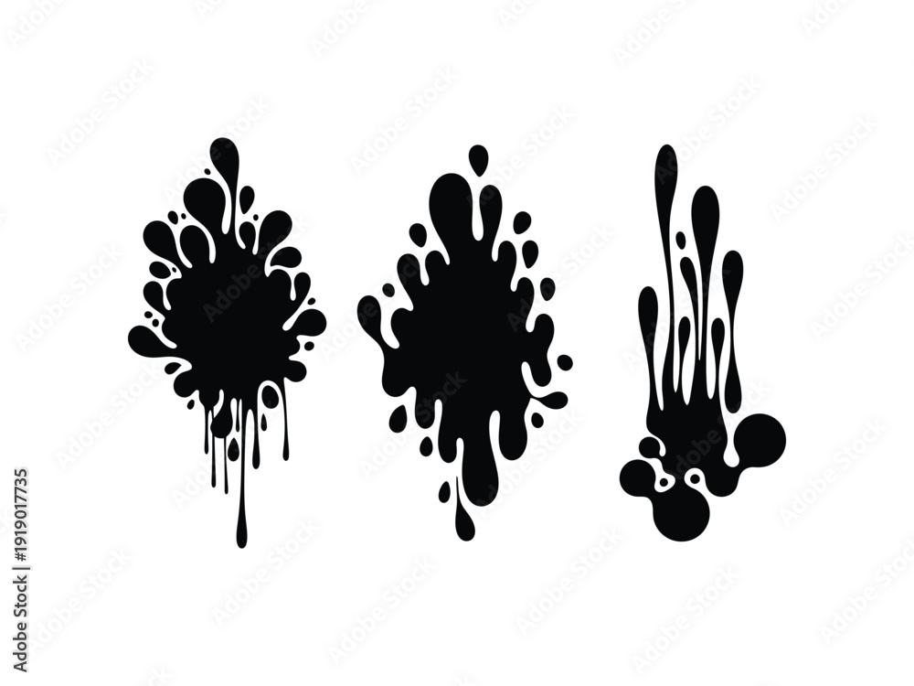 Fototapeta premium Three black ink splatters and splashes, abstract shapes for creative design elements