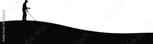 Man Using Metal Detector Silhouette on Hill Landscape, Treasure Hunting Hobby Outdoor Black and White Vector Illustration Concept