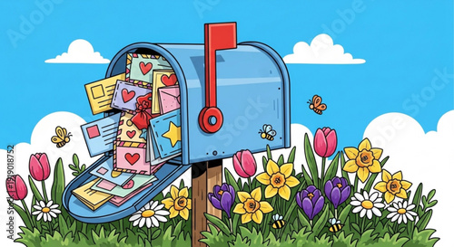 Colorful mailbox overflowing with valentine's day cards and letters in a vibrant garden with flowers and butterflies on a sunny day