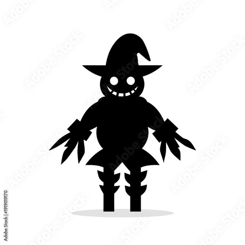 Black silhouette icon of a scarecrow in a pointed hat with a smiling face. A concise vector illustration symbolizing Halloween or autumn harvest.