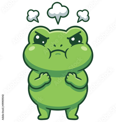 An angry green frog cartoon with puffed cheeks and stormy clouds above its head