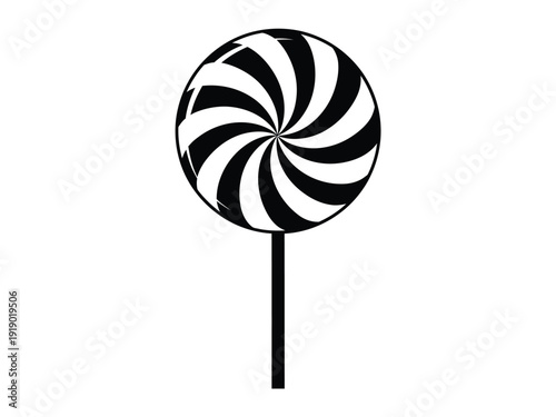 Swirling black and white spiral lollipop, a sweet treat vector graphic ideal for candy and fun design concepts.