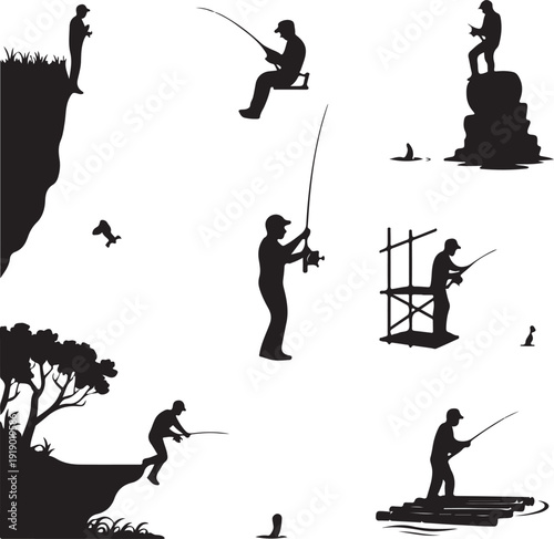 Silhouette of people fishing in various poses and locations  recreational activity