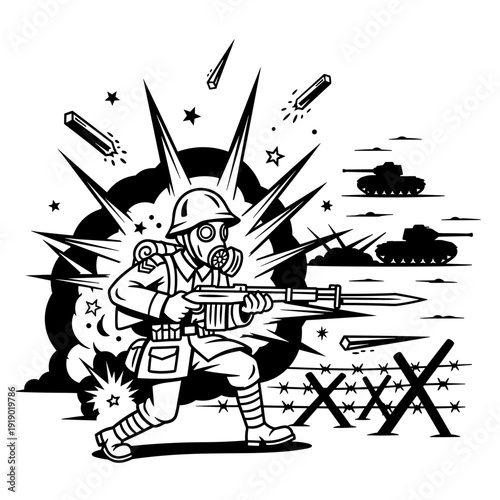 Soldier in gas mask with rifle and bayonet during wartime.