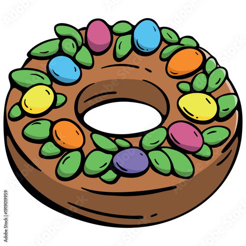 Vegan Easter wreath cake with colorful candy eggs and green leaves, hand drawn doodle icon of plant based spring donut pastry, isolated vector illustration.