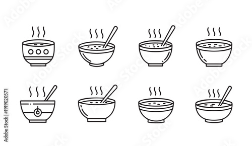 Hot Soup Bowls with Steam and Spoons Simple Line Icons Set