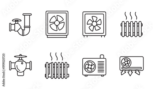 HVAC System Icons: Radiator Fan Air Conditioner Pipe ValveLine Art