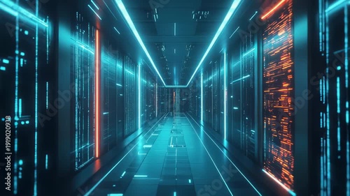 Data center racks line a futuristic corridor with glowing blue and orange light trails, symbolizing big data flow, advanced computing, and an interconnected global network system