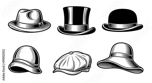 Vintage Hats Collection Classic Headwear Engraving Style.