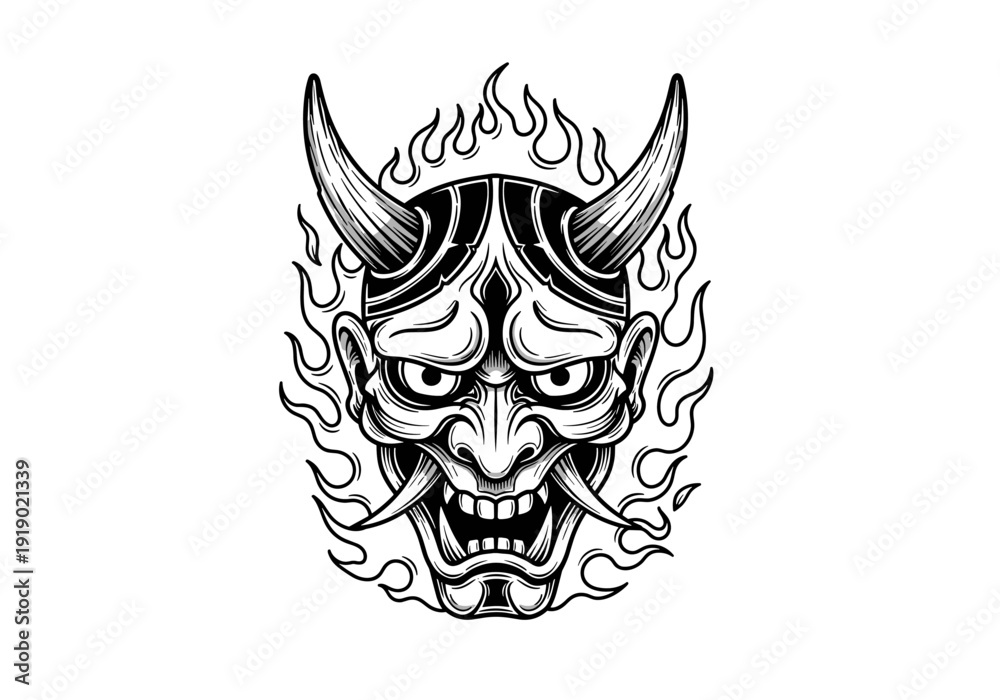 Fototapeta premium Japanese Oni Mask with Fiery Flames Illustration.