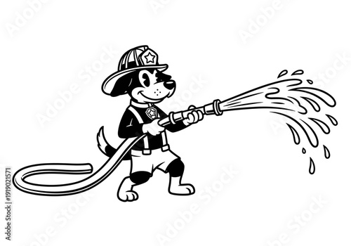 Brave Firefighter Dog Extinguishing Fire with Water Hose.