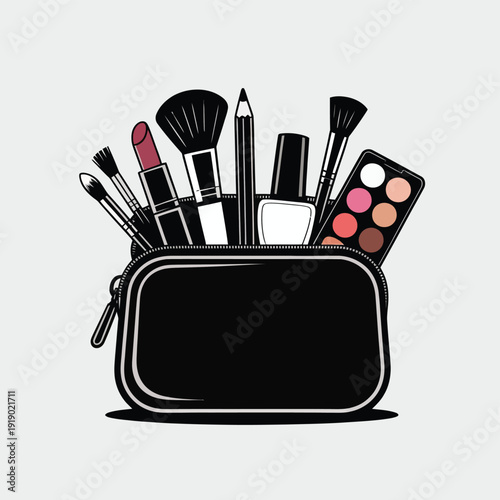 Vector illustration of a black makeup bag filled with various cosmetics and brushes isolated on white background