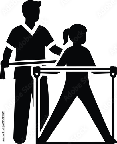 Silhouette Person Assisting Child Using Parallel Bars For Balance Therapy