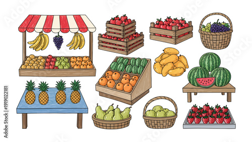 Vibrant Fruit Display: A colorful assortment of fresh fruits meticulously arranged on wooden stalls and in baskets, a visual feast of nature's bounty and culinary delight.