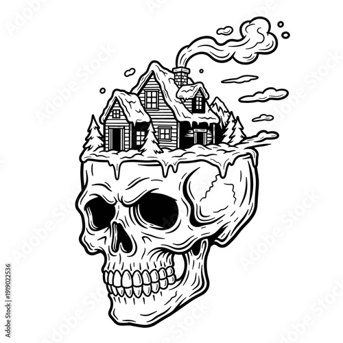Skull with Winter Cabin and Snowy Trees Inside.