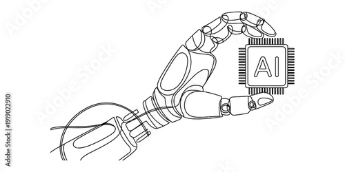 Line art illustration of a mechanical robot hand holding an artificial intelligence chip Vector, illustration