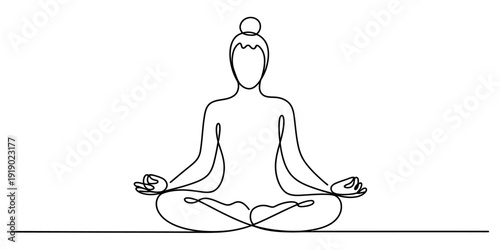 Continuous line drawing of a woman sitting in a lotus position for yoga meditation and mindfulness.