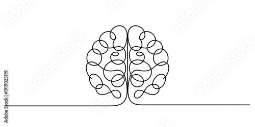 Continuous single line drawing of a human brain silhouette on a clean white background
