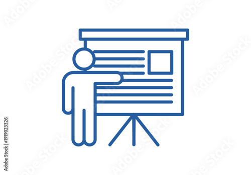 Presentador realizando una exposición con pizarra de soporte en color azul